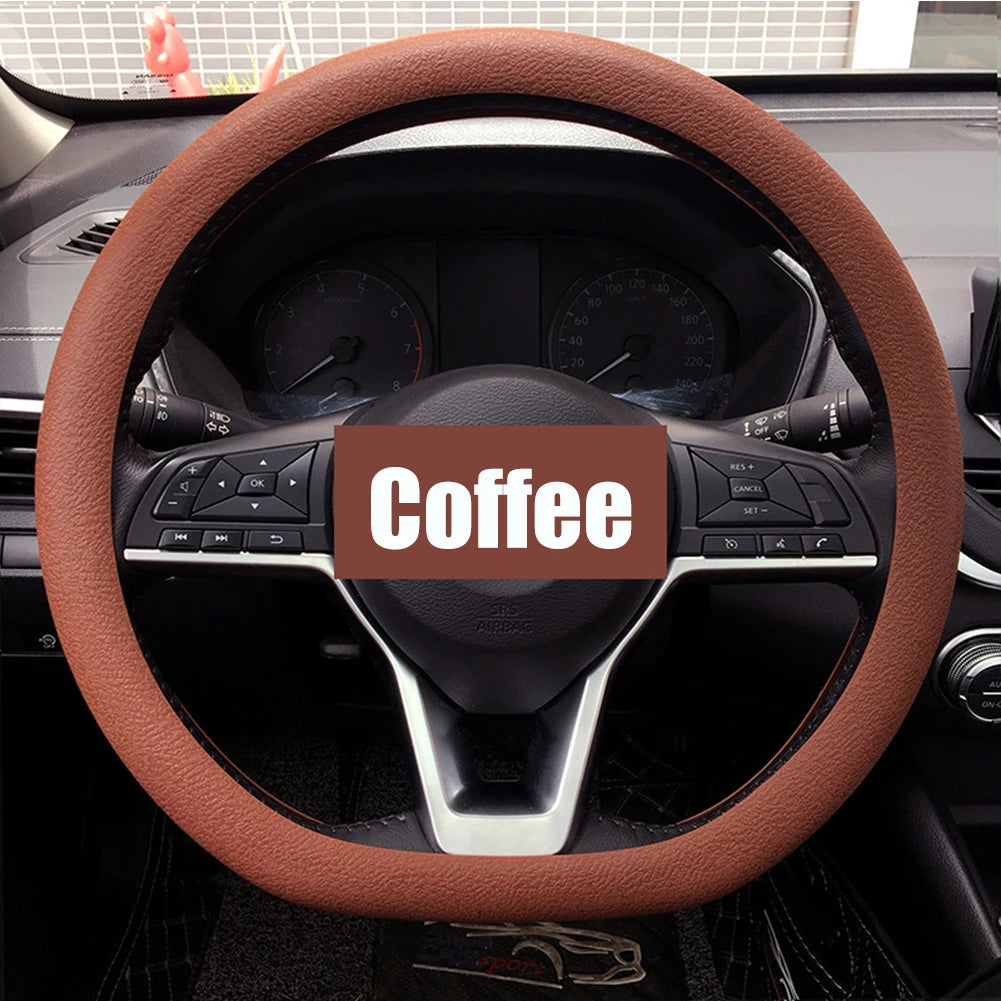 FanzyMarket universal silicone steering wheel cover with non-slip grip in multiple colors, fits 36-40 cm (14-16 in) car wheels.