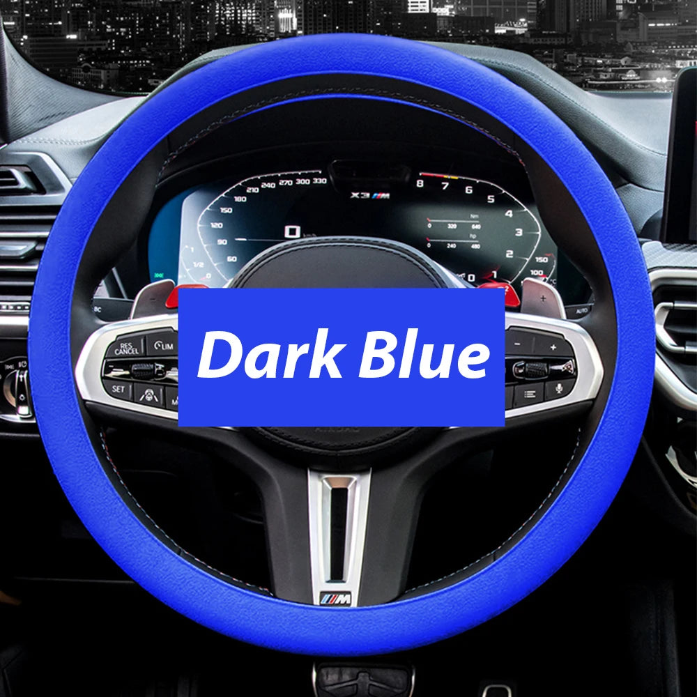 FanzyMarket universal silicone steering wheel cover in multi-color, elastic non-slip grip fits 36-40 cm (14-16 in) car steering wheels.