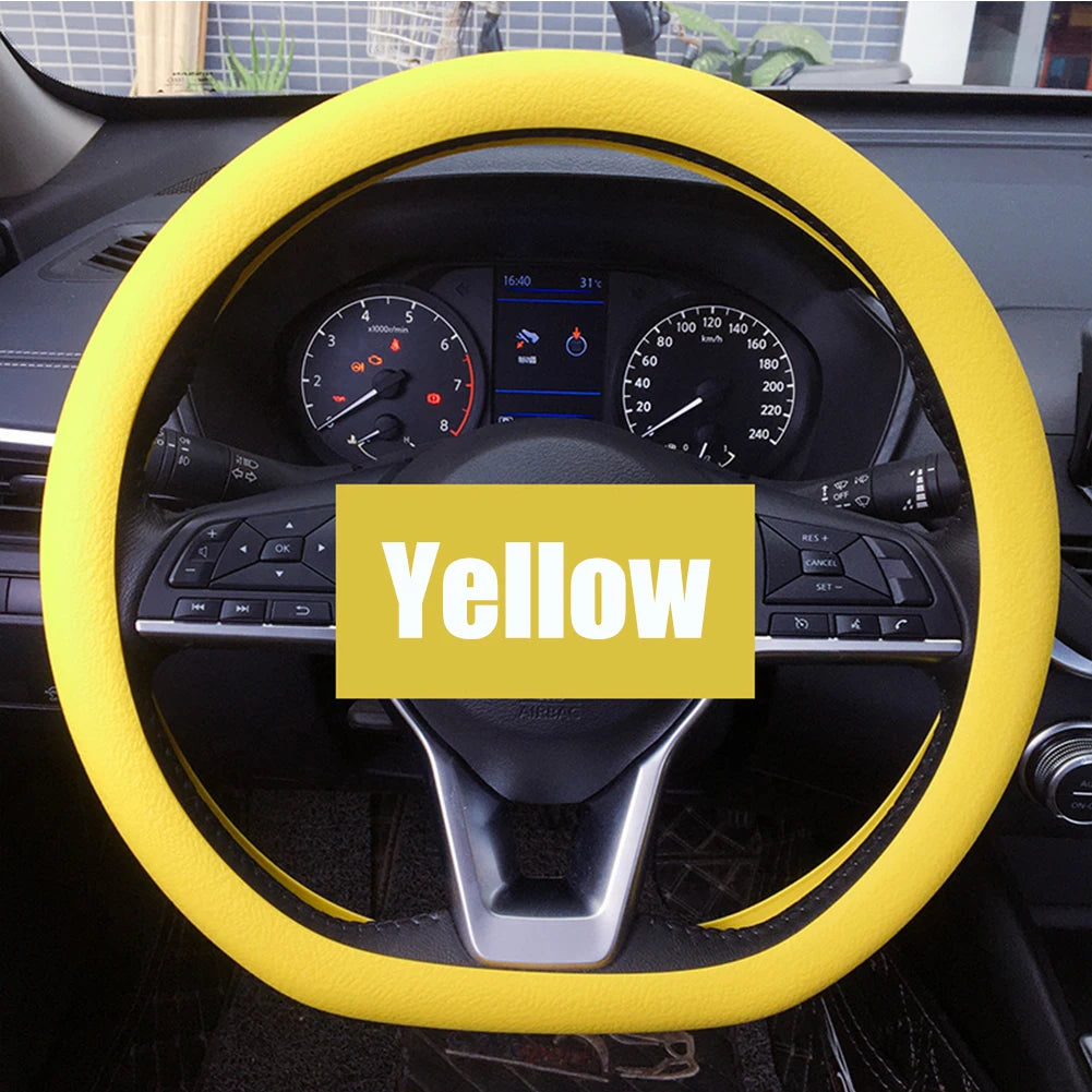 FanzyMarket universal silicone steering wheel cover with elastic, non-slip grip, fits 36-40 cm, colorful car accessory for interior.