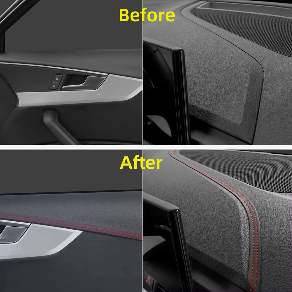 Red PU leather car trim braid, self-adhesive decorative strip for dashboard and door interior molding, universal fit.