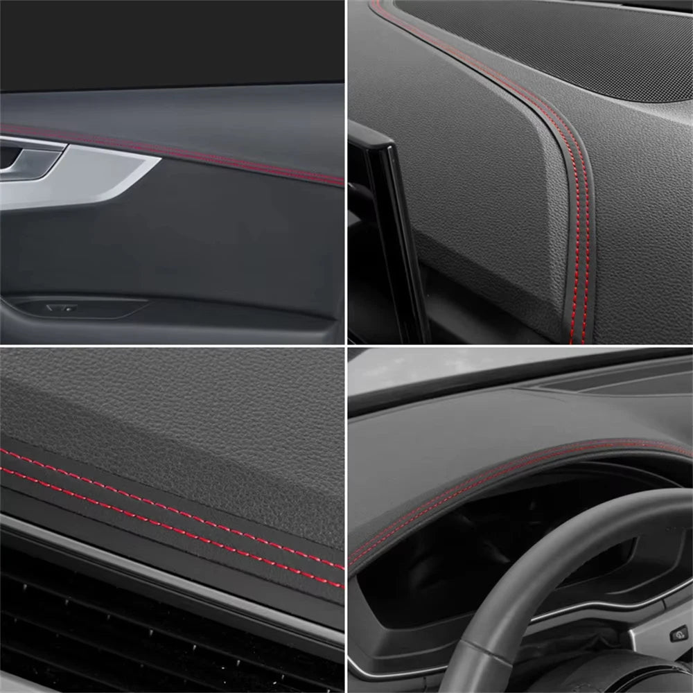 Red PU leather car trim braid with self-adhesive backing, decorative strip for dashboard and door interior molding.