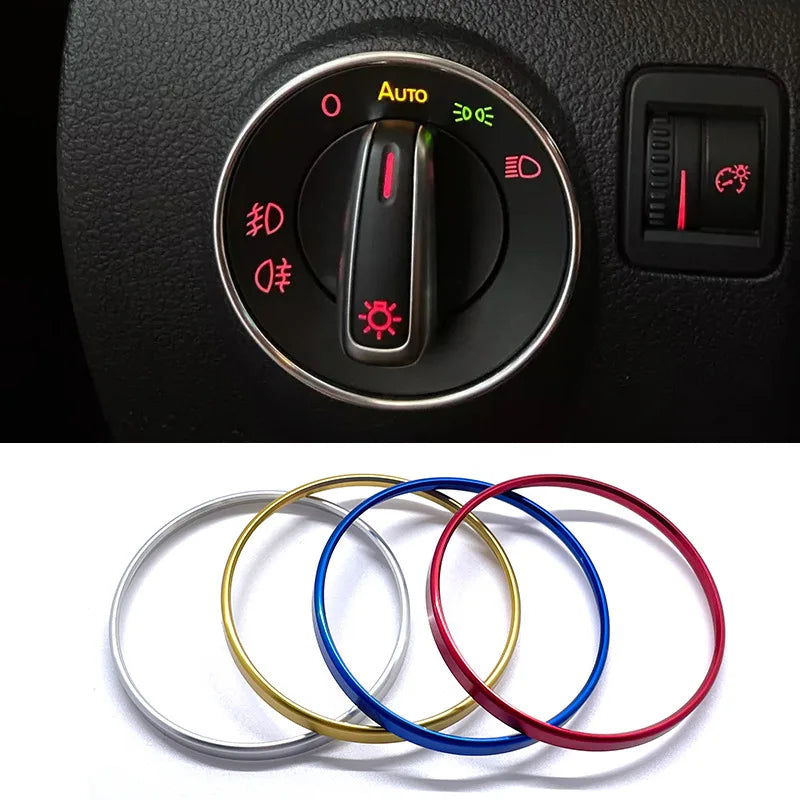 Silver metal headlight switch trim ring for car interior, fits Golf, Passat, Polo, by FanzyMarket.