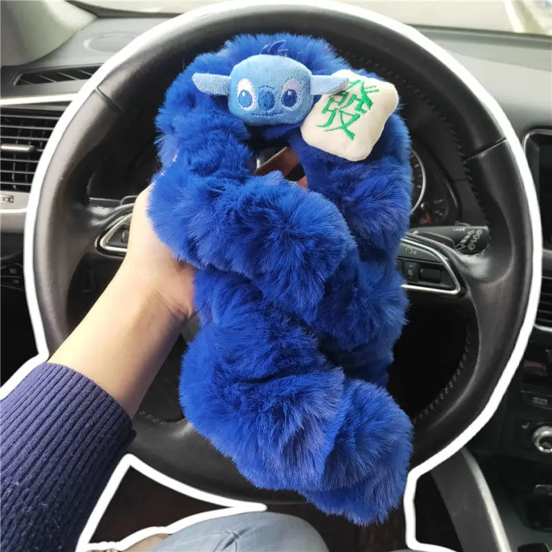 FanzyMarket Stitch plush steering wheel cover, universal stretch winter warm car accessory, soft and cozy auto interior upgrade