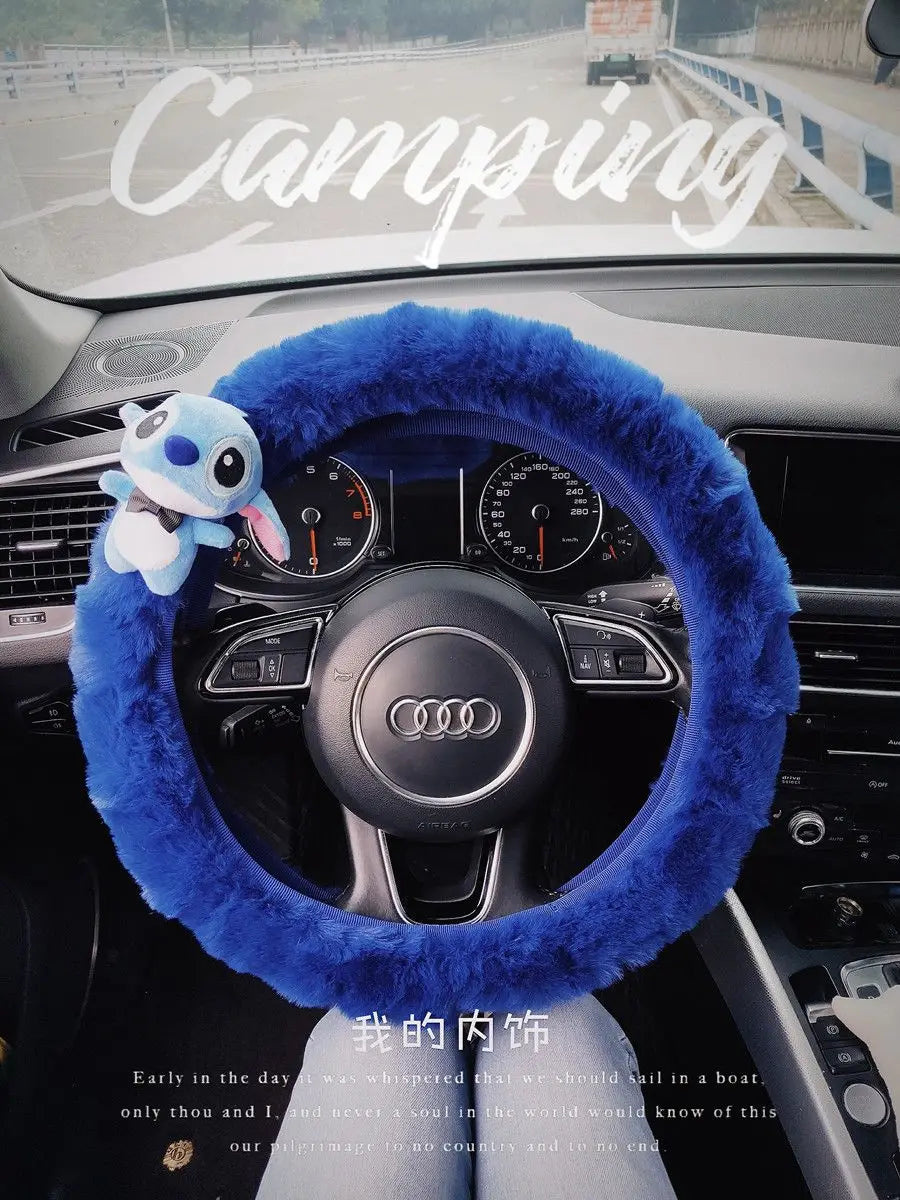 FanzyMarket Stitch plush steering wheel cover, universal stretch winter warm car accessory with soft, cozy fabric for auto interior.