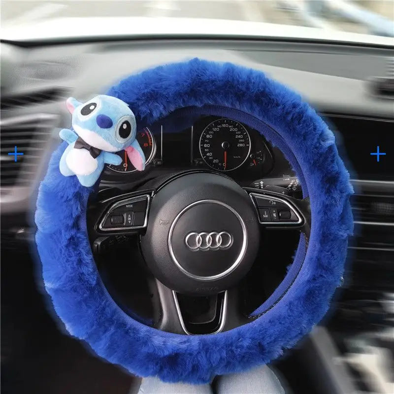 FanzyMarket Stitch plush steering wheel cover, stretchy winter warm car accessory, fits most vehicles, soft and cozy interior upgrade.