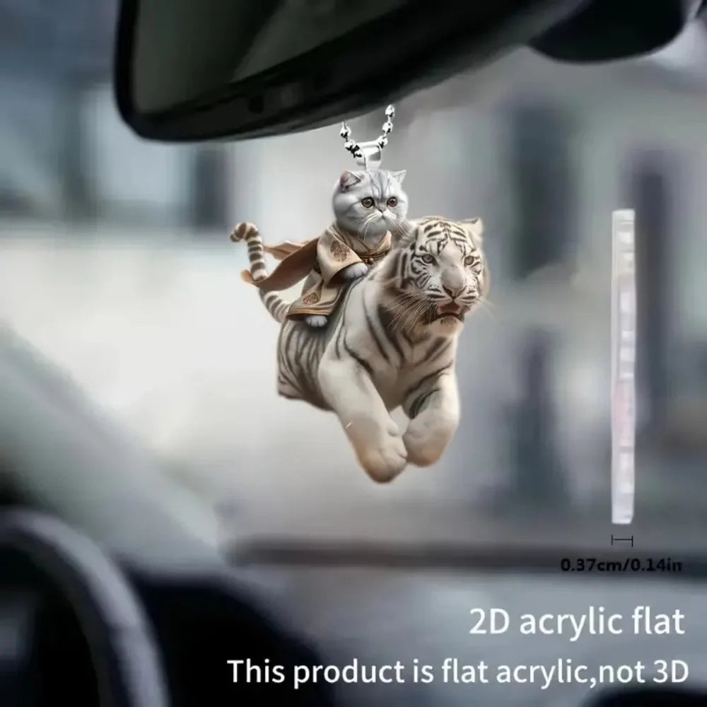 Cat-shaped rearview mirror ornament hanging inside a car, cute and whimsical auto interior decor accessory by FanzyMarket.