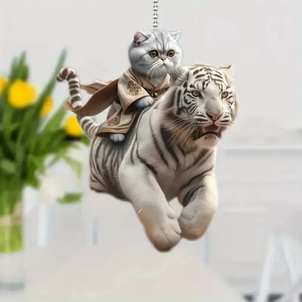 Cute cat-shaped rearview mirror ornament hanging inside a car, decorative pendant for auto interior decor by FanzyMarket.