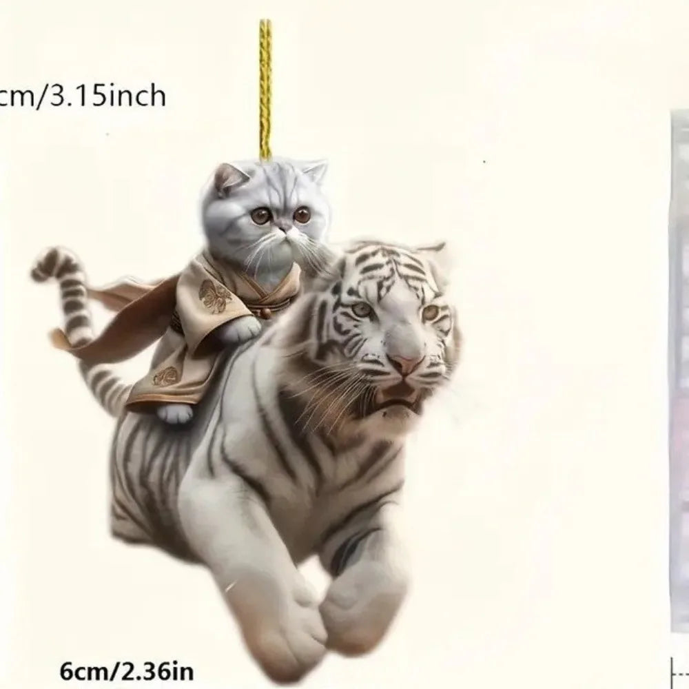 Cute cat-shaped rearview mirror ornament hanging inside a car, decorative pendant for car interior decor.