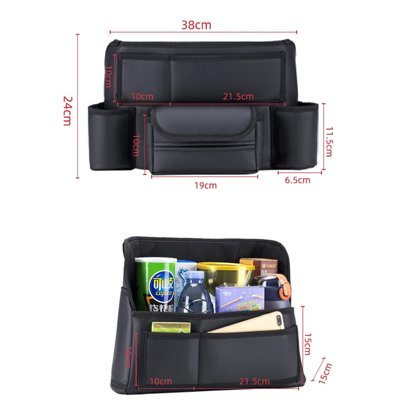 Leather car seat middle hanger organizer by FanzyMarket with tissue, cup pockets, and large capacity for handbags between seats.