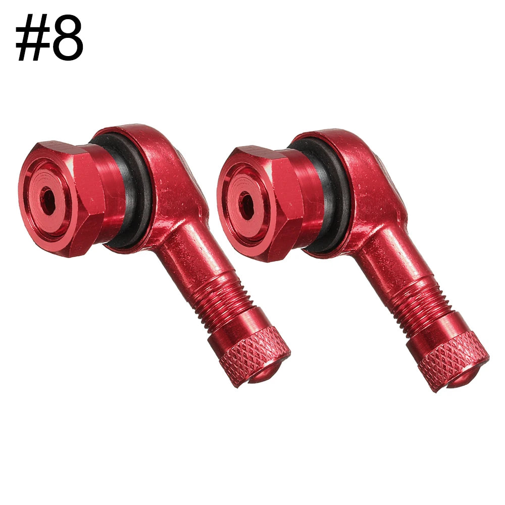 Two aluminum motorcycle tubeless valve stem caps in 90° angle, 11.3mm size, designed for motorcycle valve stems by FanzyMarket.