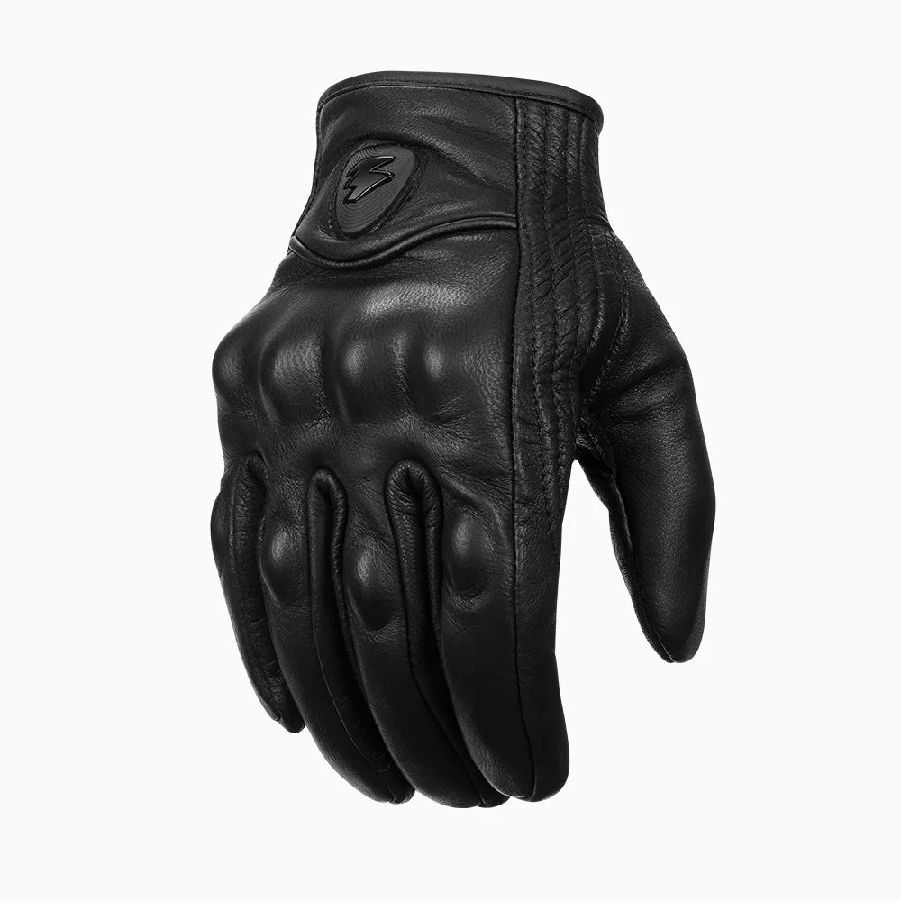 Black goatskin leather motorcycle gloves for men and women, full-finger design, suitable for bikes and electric motorcycles.