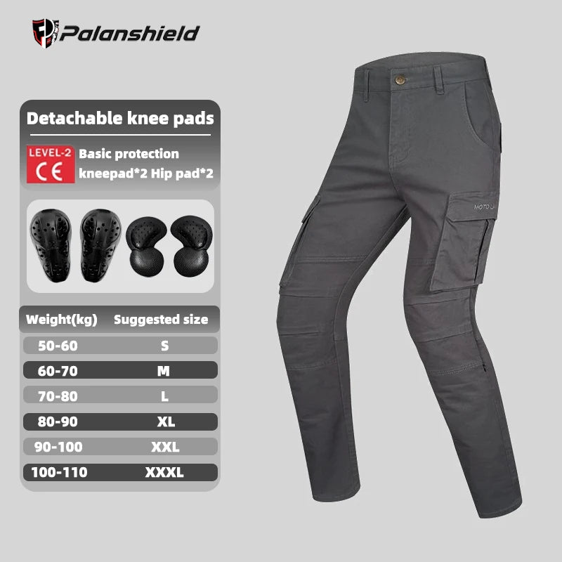 Black motorcycle riding pants by FanzyMarket with anti-fall, anti-tear features, detachable armor, and retro off-road style.