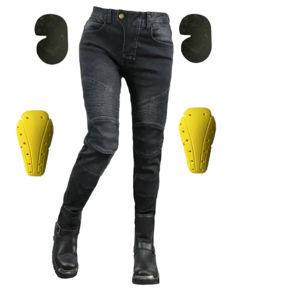 Women's motorcycle riding jeans from FanzyMarket, black windproof waterproof straight-fit pants designed for all-season riding.