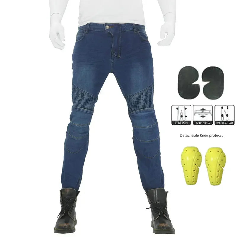Black men's motorcycle riding jeans with protective armor, designed for moto touring and motocross by FanzyMarket.