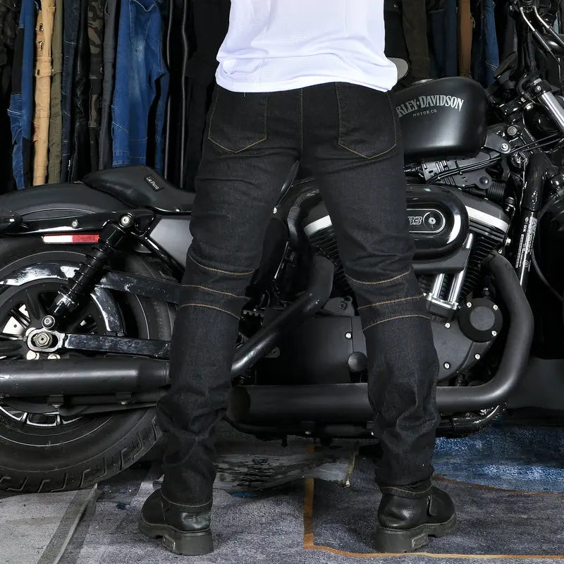 Black men's motorcycle riding jeans from FanzyMarket, protective moto touring and motocross trousers with reinforced stitching and armor.