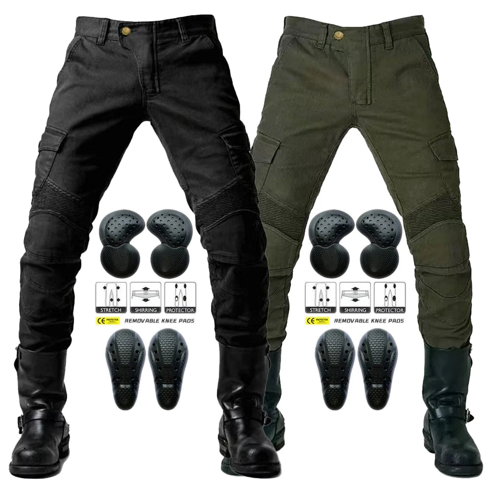 Men's green motorcycle riding pants with detachable knee and hip protectors, casual four-season jeans by FanzyMarket.