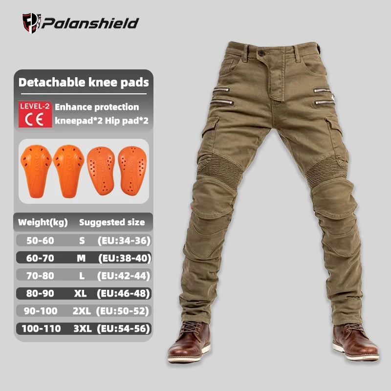 Unisex khaki motocross motorcycle riding jeans with removable knee pads and double-zip design, made by FanzyMarket.