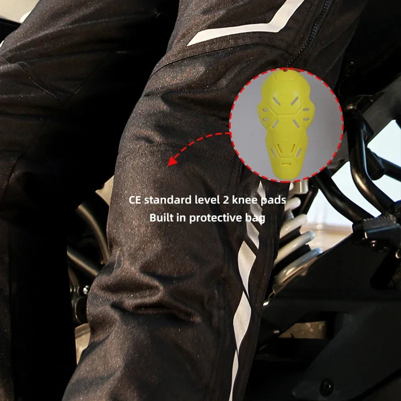 Black winter motorcycle pants by FanzyMarket featuring windproof, waterproof fabric, CE2 knee pads, and quick-release system for bikers.