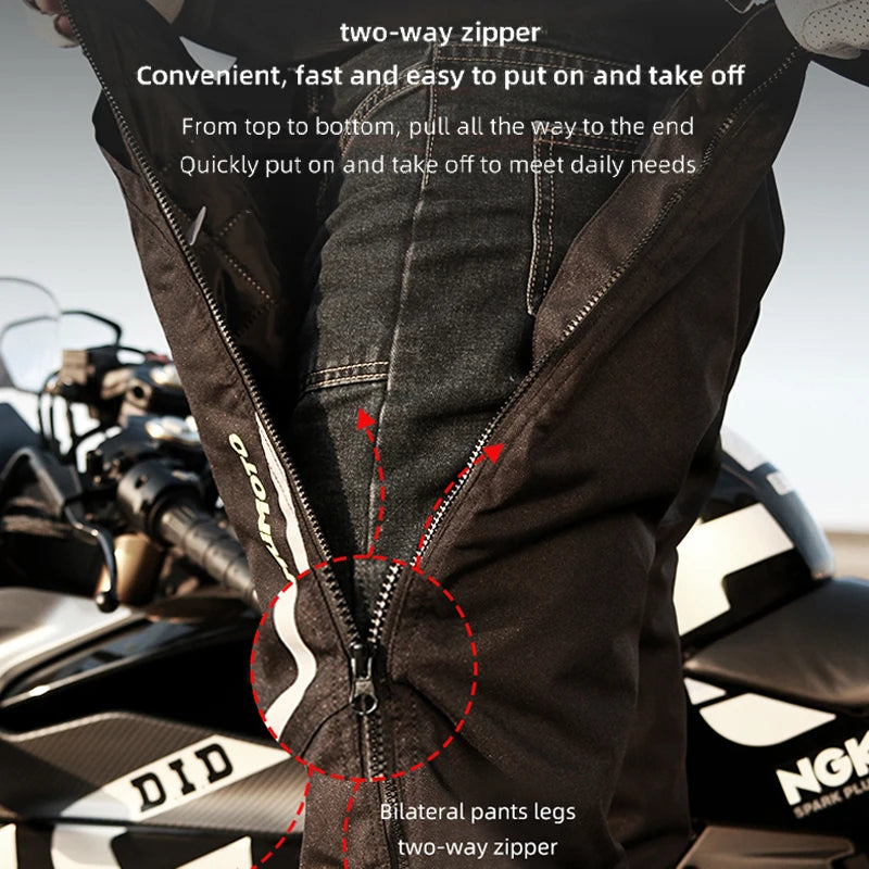 Black winter motorcycle pants by FanzyMarket with CE2 knee pads, waterproof windproof fabric, unisex fit, and quick-release features.