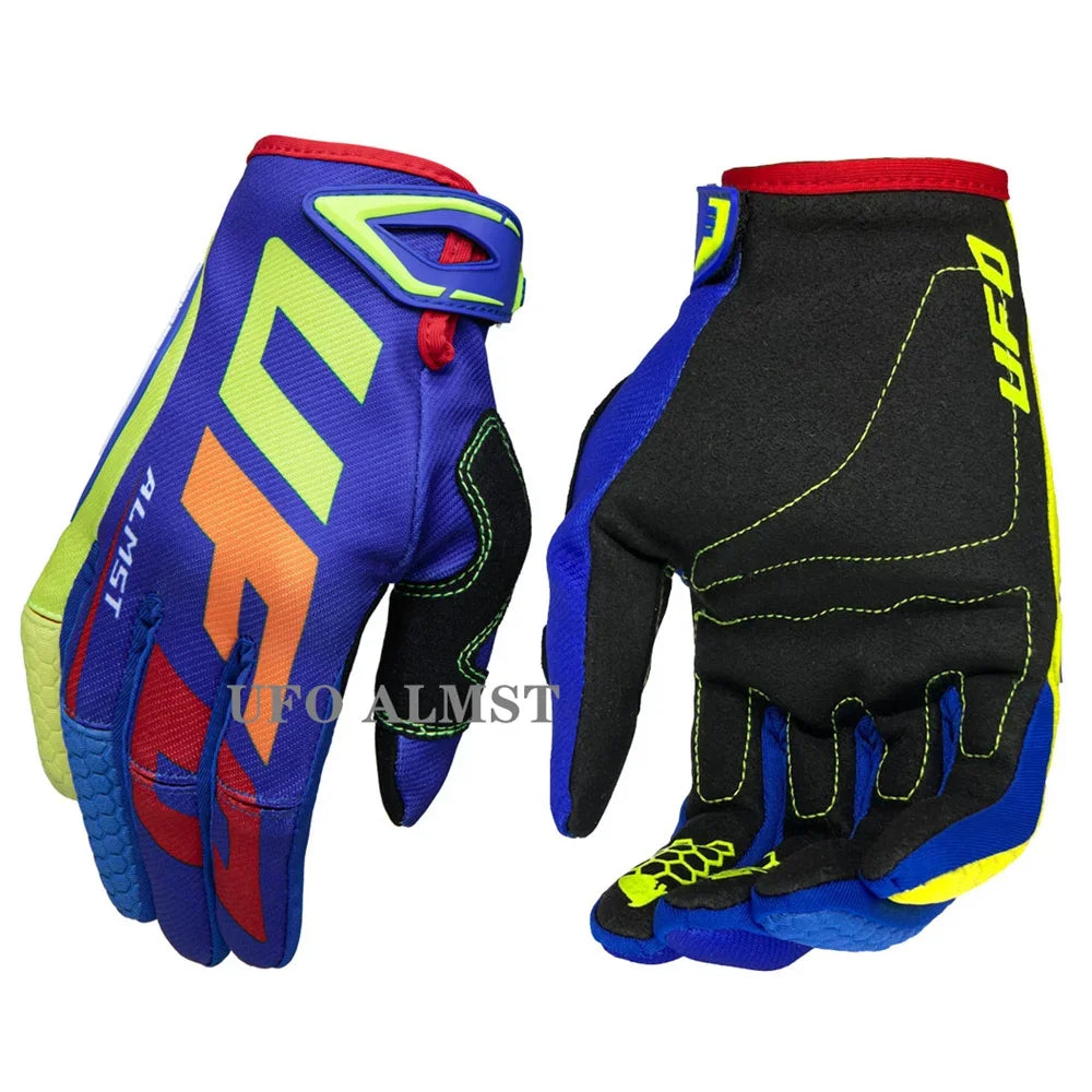 White men's off-road motorcycle gloves by FanzyMarket, full-finger shockproof MX ATV racing gloves with touchscreen and windproof features.