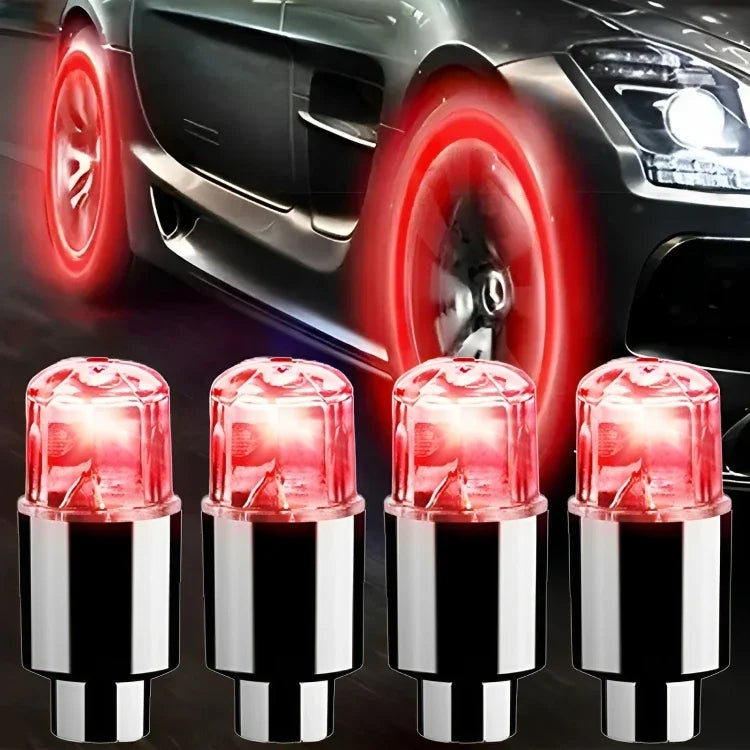 Blue LED tire valve cap light flashing on car wheel for motorcycle and bicycle, 1.5-inch universal wheel hub lamp by FanzyMarket.