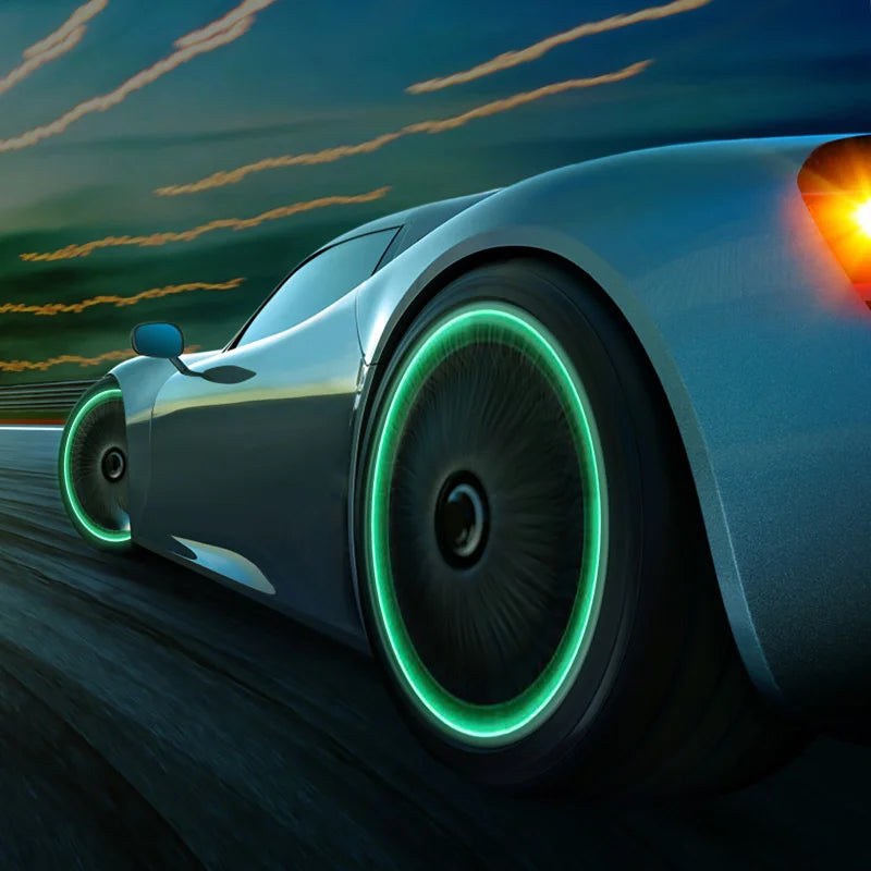 Set of four green glow-in-the-dark bicycle, motorcycle, and car tire valve caps by FanzyMarket, luminous and universal for wheels.