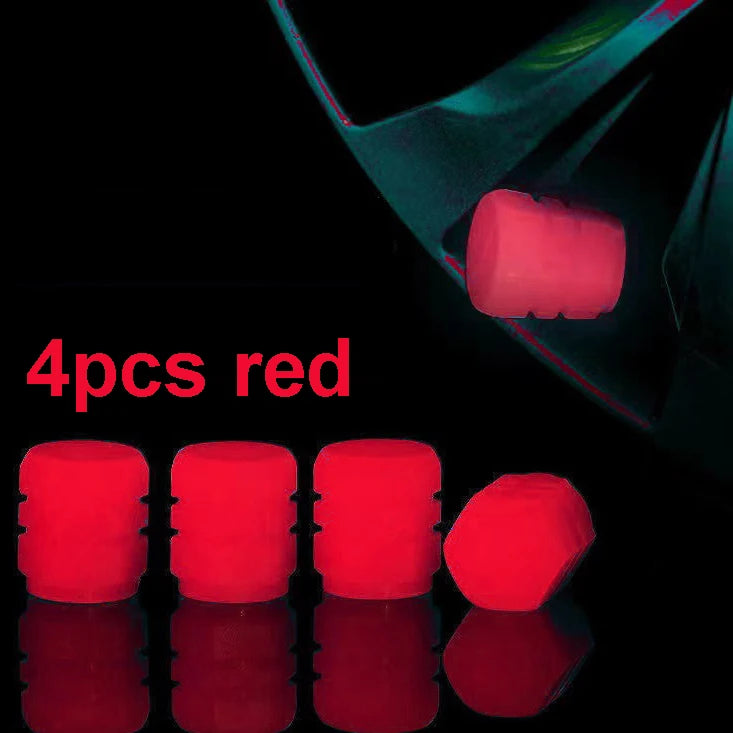 Set of four green glow-in-the-dark luminous tire valve caps for cars, motorcycles, and bicycles, by FanzyMarket.