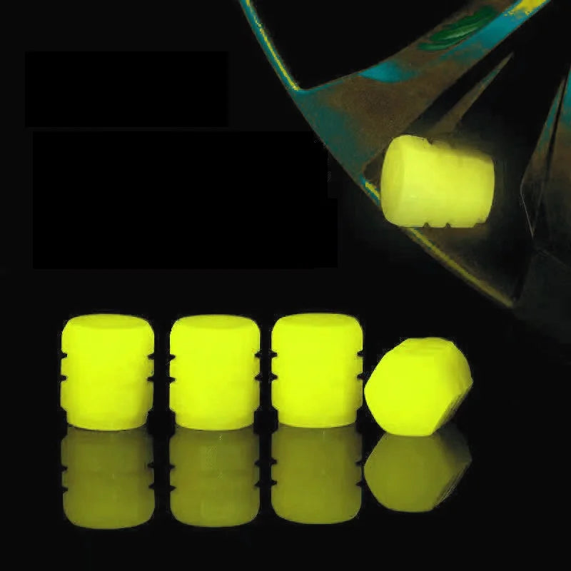 Set of four green glow-in-the-dark tire valve caps for cars, motorcycles, and bicycles, featuring luminous and fluorescent design.