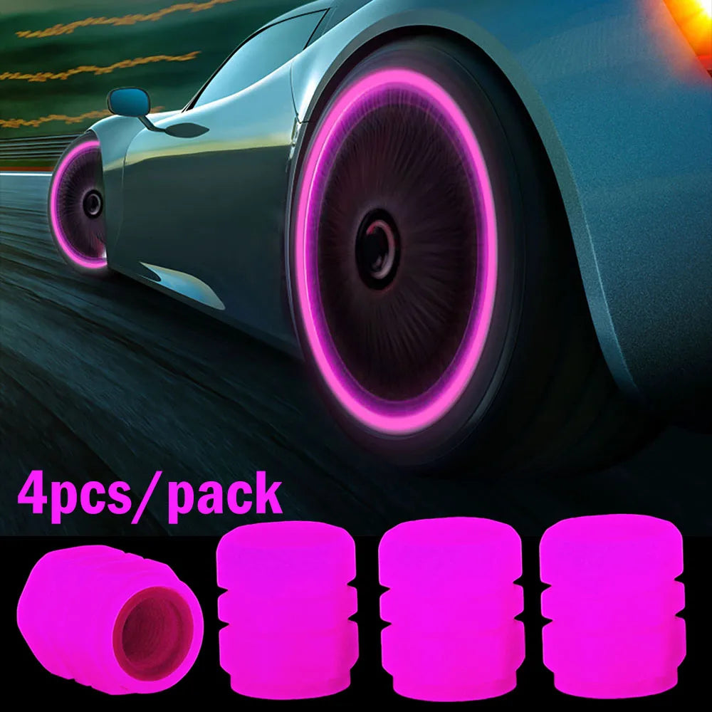 Set of four green glow-in-the-dark luminous tire valve caps for cars, motorcycles, and bicycles by FanzyMarket on wheels and tires.