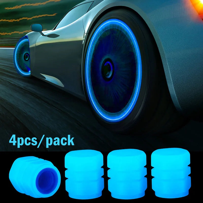 Set of four glow-in-the-dark luminous tire valve caps in green, universal for car, motorcycle, and bicycle wheels and tires.