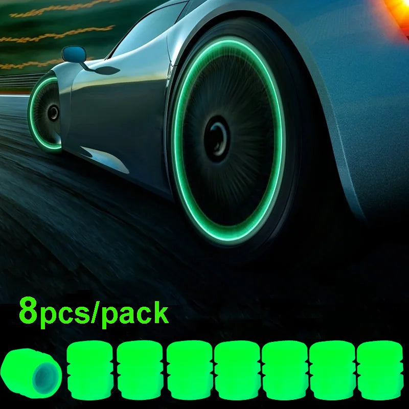 Set of 4 green glow-in-the-dark luminous tire valve caps for cars, motorcycles, and bicycles, with fluorescent wheel valve stem caps.