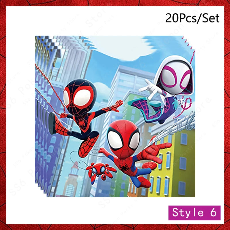 FanzyMarket Spiderman kids birthday party supplies, disposable tableware set with 9-inch plates, cups, napkins, and favor bags.