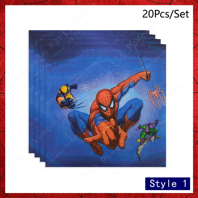 Spiderman kids birthday party supplies by FanzyMarket, disposable tableware set with 9-inch plates, cups, napkins, and favor bags