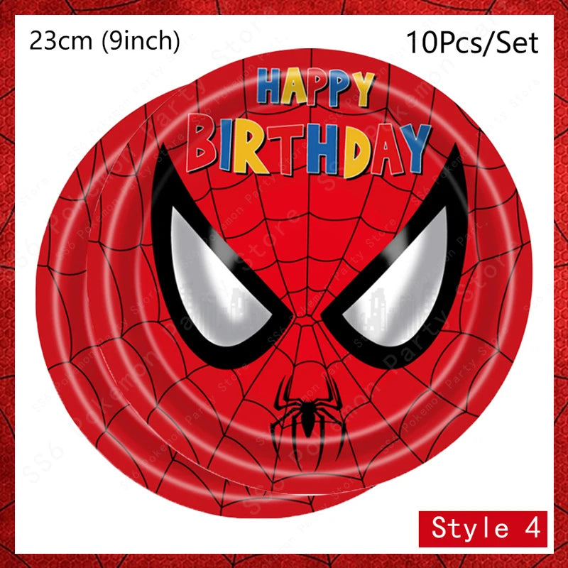 Spider-Man kids birthday party supplies disposable tableware set with plates, cups, napkins, and favor bags for children’s celebrations