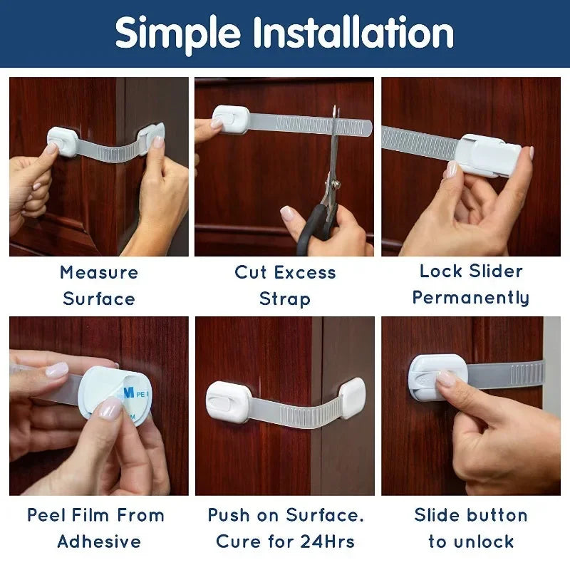 FanzyMarket adjustable baby and childproof cabinet safety lock on cabinets and drawers, with adhesive strap for nursery safety.