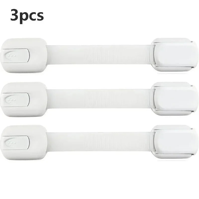 FanzyMarket adjustable baby cabinet safety lock with adhesive strap, designed to secure cabinets, drawers, and appliances.