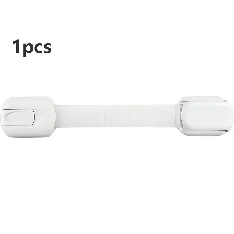 FanzyMarket adjustable baby safety lock on cabinet drawer with adhesive strap, childproof latch for cabinets, drawers, and appliances.