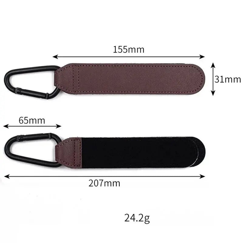 Two pink PU leather stroller hooks by FanzyMarket, adjustable and universal for organizing diaper bags and baby essentials.