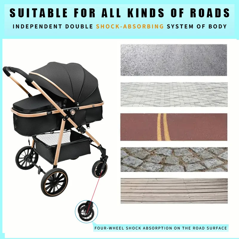 FanzyMarket 3-in-1 luxury baby stroller with foldable design, aluminum frame, reversible seat, suitable for newborns in black color.