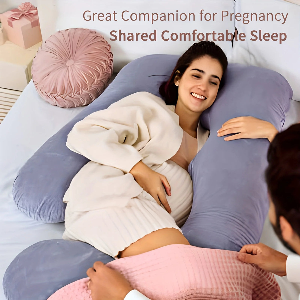 FanzyMarket detachable G-shaped maternity pillow in crystal velvet, supportive cushion for side sleeping during pregnancy.
