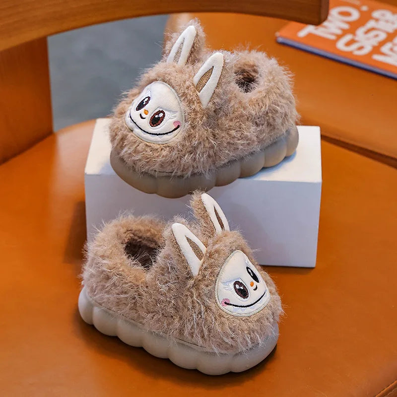 FanzyMarket kids winter plush slippers with warm faux fur, anti-slip soles, ideal for girls and boys indoor comfort.