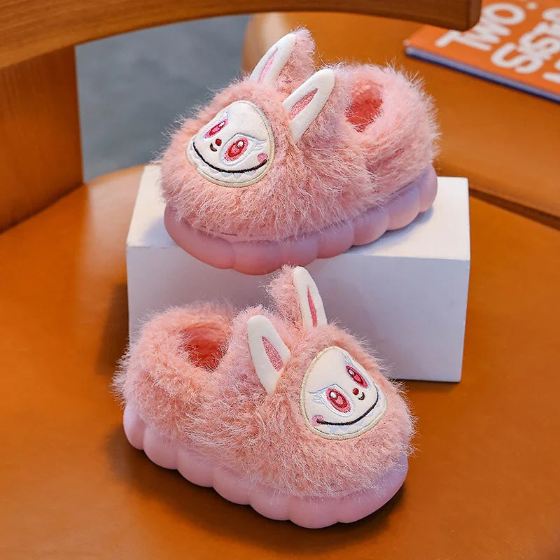 FanzyMarket kids winter plush slippers with warm faux fur, cotton interior, and anti-slip sole for girls and boys indoor comfort.