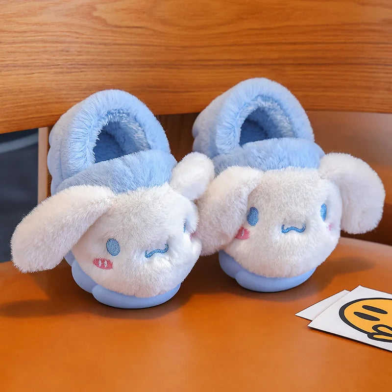 FanzyMarket kawaii anime plush indoor slippers for kids with non-slip soles, soft cotton, and cute cartoon design.
