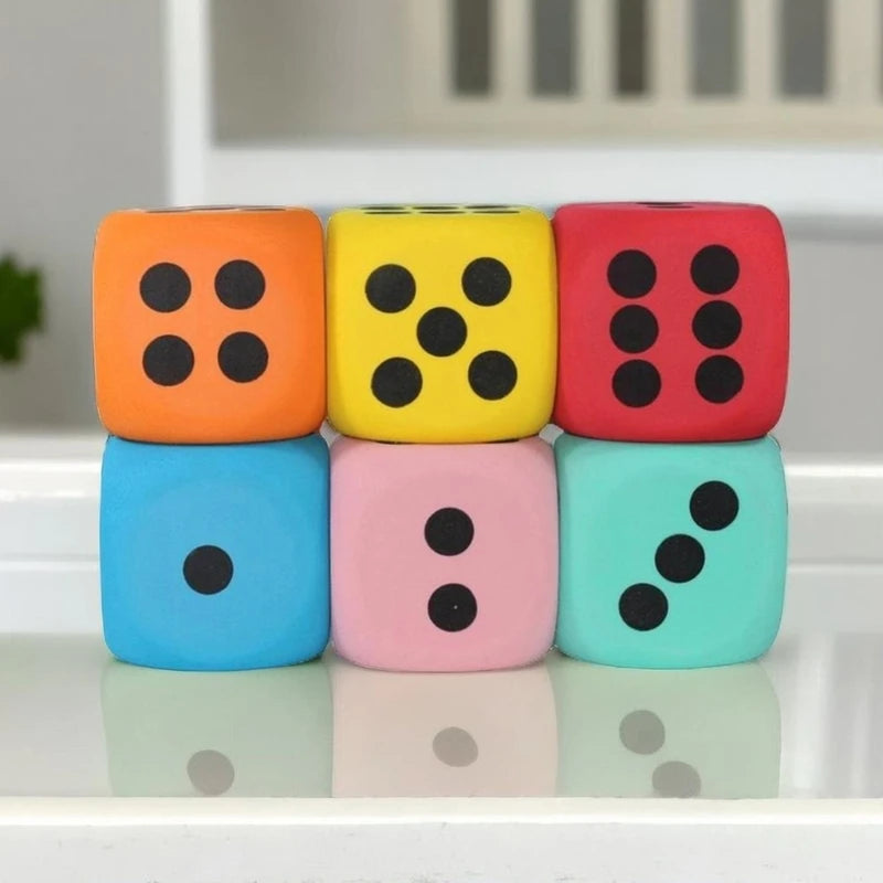 FanzyMarket 8cm soft foam dice showing six sides, colorful and large, ideal for kids' math learning and classroom counting activities.