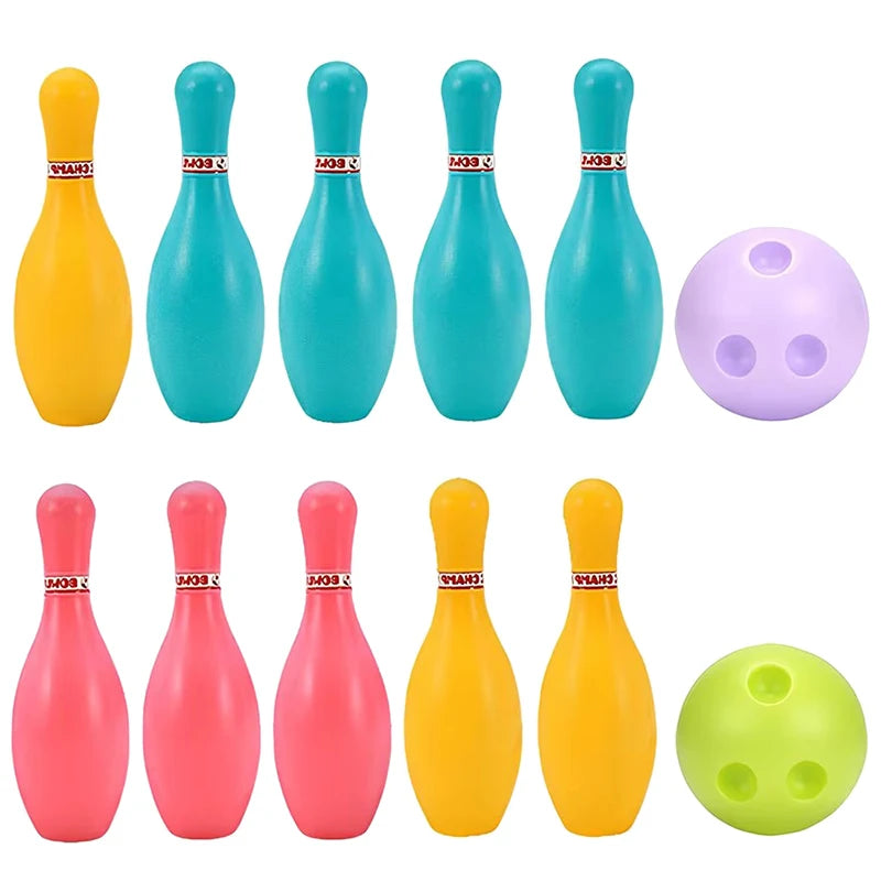 Colorful kids plastic bowling set with pins and balls, designed for indoor and outdoor family play, by FanzyMarket.