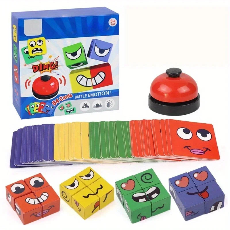 FanzyMarket kids face-change cube game with wooden puzzle blocks showing expressive faces for early learning and Montessori play.