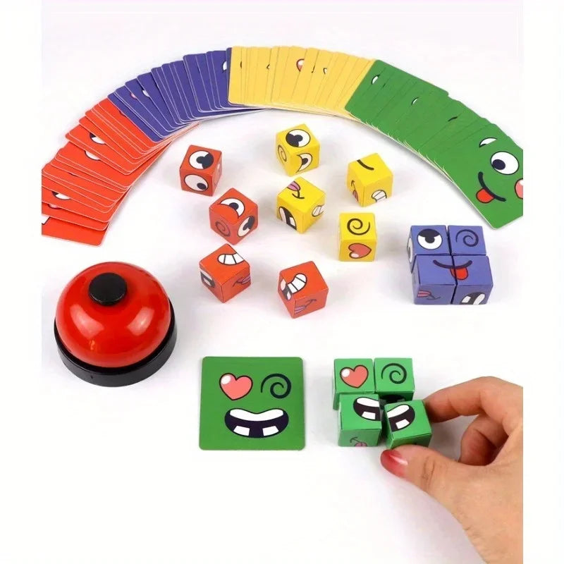 FanzyMarket Kids Face-Change Cube Game, wooden Montessori expression puzzle with colorful building blocks for early learning.