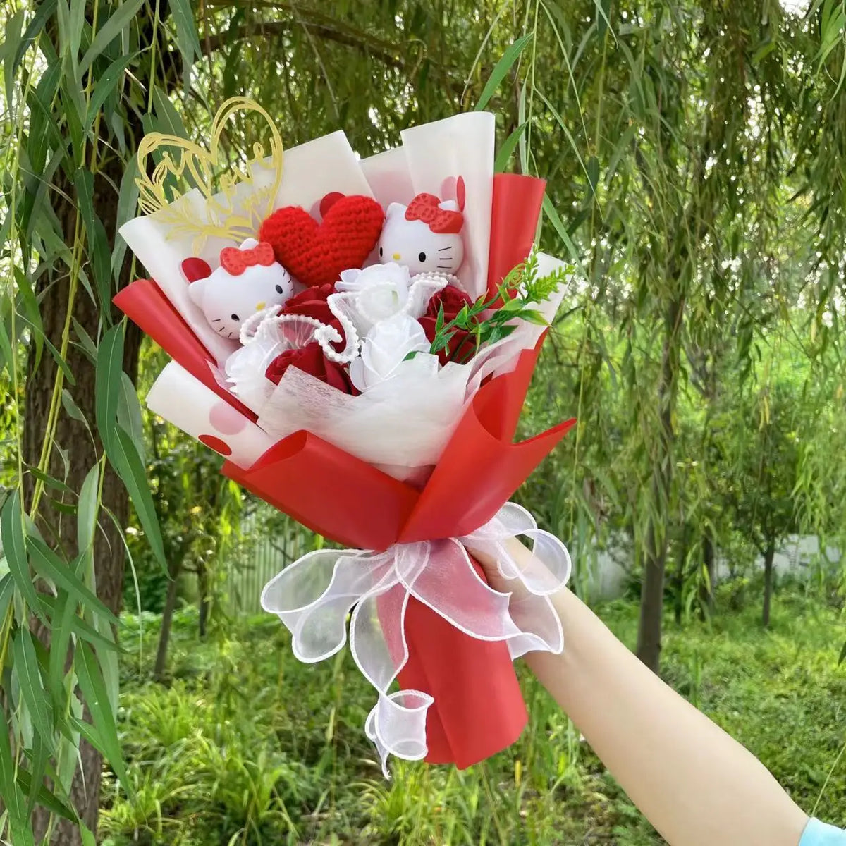 Kawaii FanzyMarket plush cat bouquet with artificial flowers, cute plush doll, perfect gift for her, Valentine, birthday, or graduation
