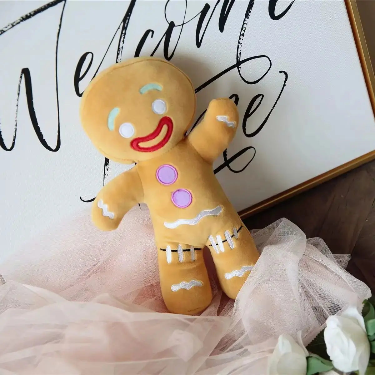 FanzyMarket gingerbread man plush toy, soft stuffed cookie doll for room decor and gifts, measuring 27-30cm, suitable for babies and kids.