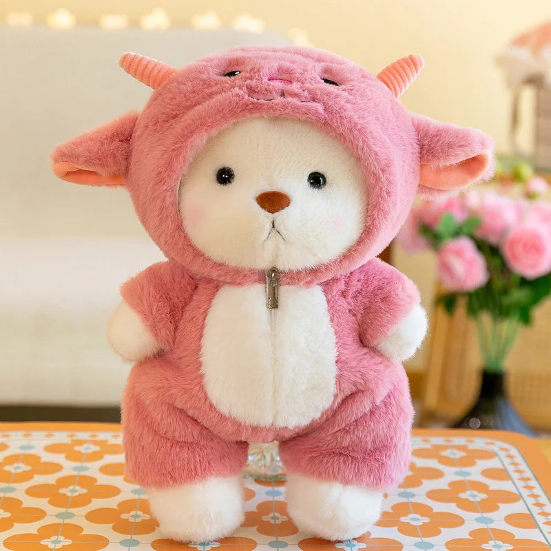 Anime cosplay joint plushies including bear, bunny, duck, shark, and pig soft dolls from FanzyMarket, 25-35cm for kids.